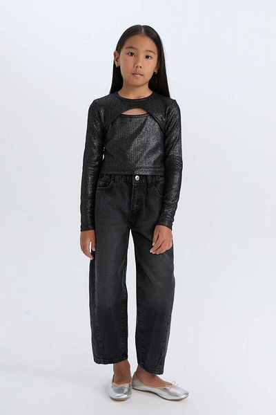 DeFacto Girls' Slim Fit Slim Fit Crew Neck Shiny Fabric Corduroy Long Sleeve T-Shirt