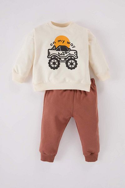 DeFacto 2-teiliges Set für Babys, Jungen, Rundhalsausschnitt, Fahrzeug-bedrucktes Sweatshirt, elastische Taille, Jogginghose D7654A524WN