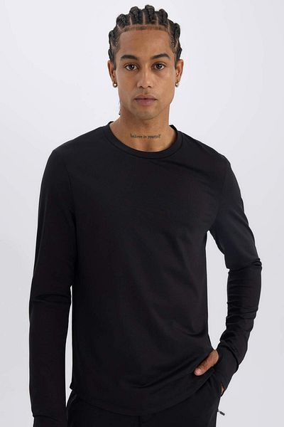 DeFacto DeFactoFit Slim Fit Slim Fit Crew Neck Sportsman Μακρυμάνικο Μαύρο T-shirt A3961AX24WN