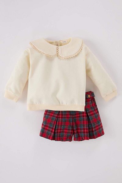 DeFacto 2-teiliges Set für Babys, Mädchen, großes Revers, langärmeliges Oberteil, karierte Shorts D6255a524wn