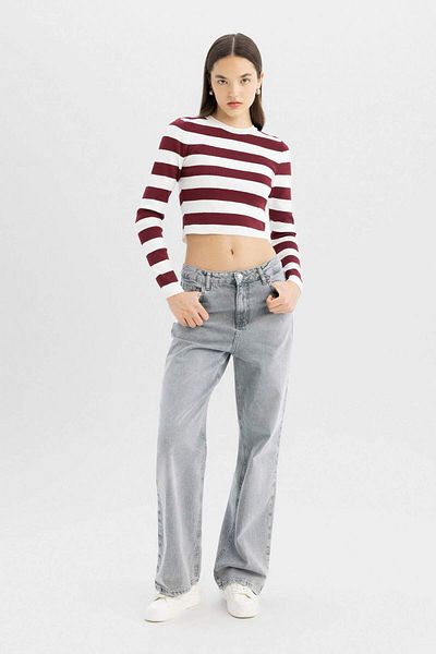 DeFacto Πλεκτό πουλόβερ Coool Slim Fit με ριγέ λαιμόκοψη X6888az24wn