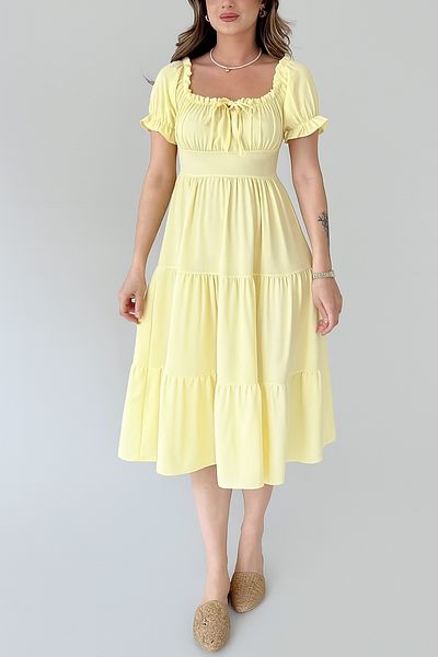 MILANOFOX Yellow Square/Madonna Collar Elastic Linda Ayrobin Midi Dress - Comfortable, Stylish and Casual Summer Model