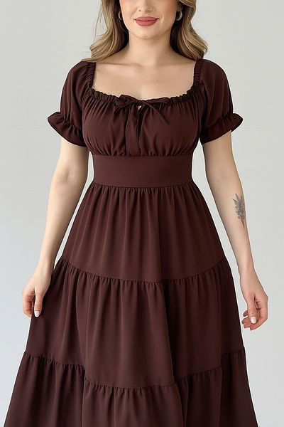 MILANOFOX Brown Square/Madonna Neckline Elastic Linda Ayrobin Midi Dress - Comfortable, Stylish and Casual Summer Model