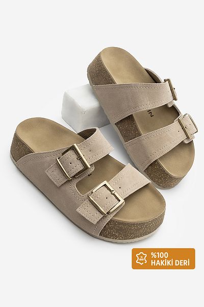 Marjin Damen-Hausschuhe aus echtem Leder mit doppeltem Streifen und Kork und hoher Sohle, Roneta, beige Wildleder