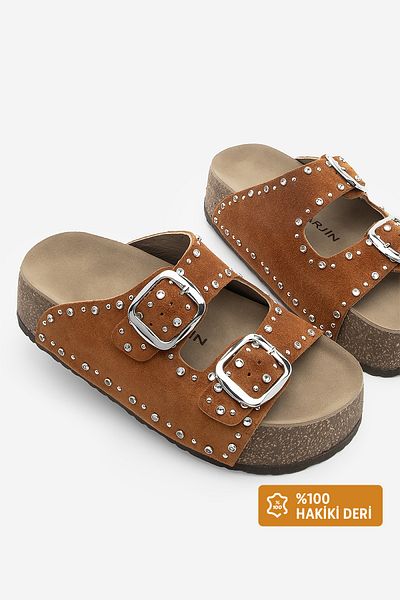 Marjin Women's Genuine Leather Stone Mushroom Slippers High Sole Double Banded Tusila Tan Suede