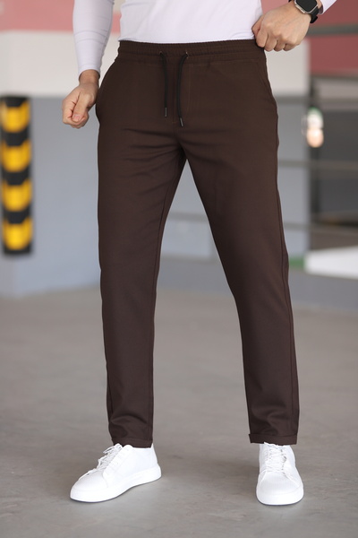 hello7 Erkek Kahverengi Dar Kesim Likralı Duble Paça Jogger Pantolon