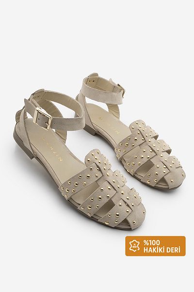 Marjin Women's Genuine Leather Ankle Strap Closed Front Studded Daily Sandals Zayne Beige Suede