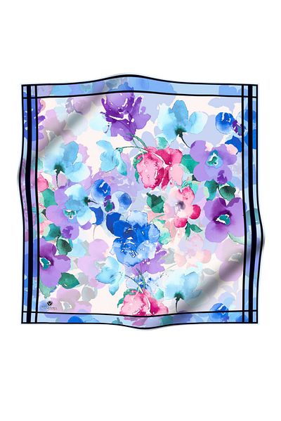 Vissona 100% mătase twill model flori pictate cu apă albastru bebeluș - culoare roz 90x90 eșarfă formă de plantare: croșetat manual