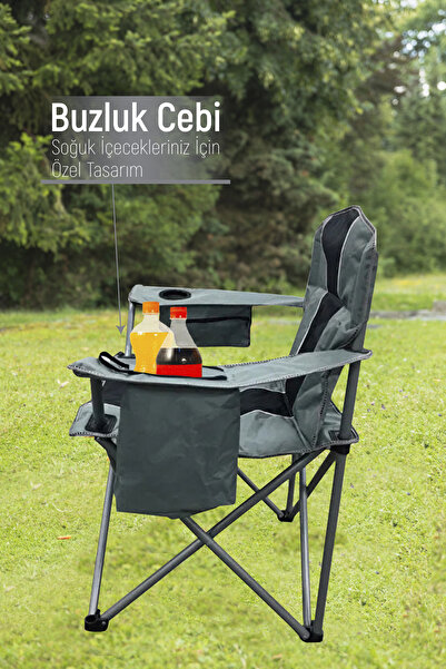 Blooma Kamp Sandalyesi Buz Çantalı Kamp Koltuğu XL Kalın Profil Siyah Gri