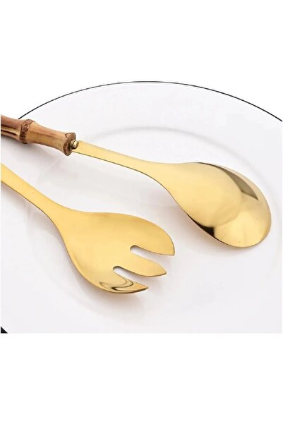 Anadolu Saray Bambu Ahşap Saplı Gold Detaylı Kaşık ve Çatal Seti Çelik Salata Makarna Servis Seti