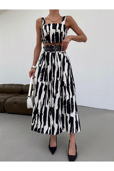TB Butik Black-White Double Belted Bustier Skirt Suit