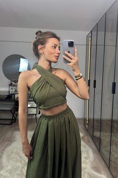 Jaglion New Season Women's Khaki Halter Neck Crop Blouse