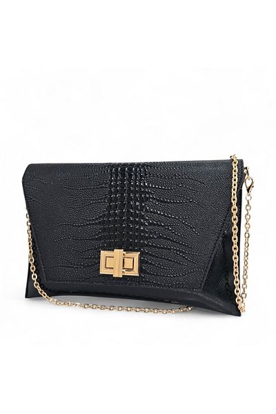 Evident Iguana Patterned Black Patent Leather Portfolio - Lock Detailed Women's Clutch Bag