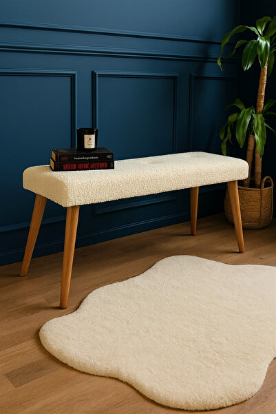 MADAME LİNSA Ahşap Ayaklı Handmade Geniş Oturum Alanlı Krem Tedy Kumaş Pofidik Puf Bench Koltuk