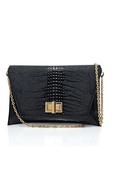 Evident Iguana Patterned Black Patent Leather Portfolio - Lock Detailed Women's Clutch Bag