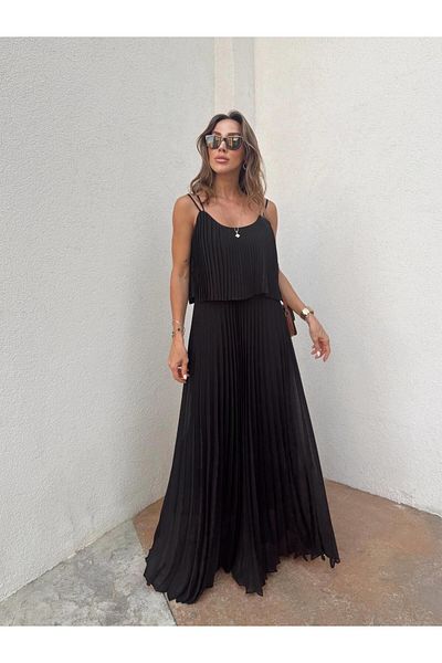 Maldia Shop Women's Pleated Chiffon Black Dress