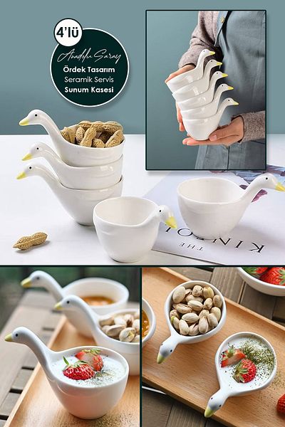 Anadolu Saray 4-Piece Duck Design Handmade Ceramic Serving Presentation Bowl Sauce Bowl Jam Bowl and Treat Bowl - Duck Presentation Bowl