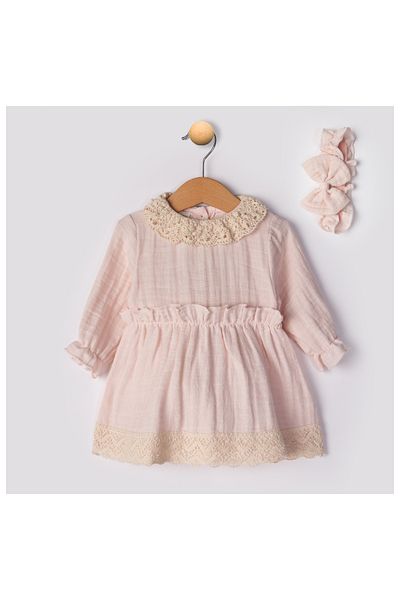 Begisa Pink 22463 Lace Collar Hair Band Muslin Baby Girl Eid Dress 0-2 Years