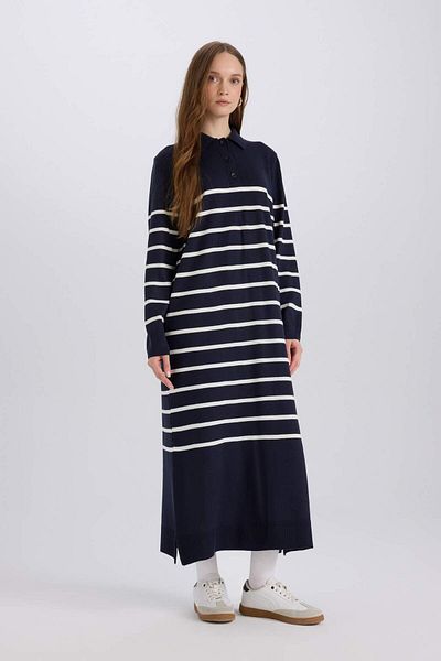 DeFacto Rochie de tricot maxi cu dungi cu decolteu polo, cu croiala normală A9801AX24WN