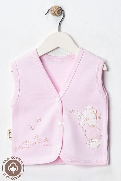 Miniel Baby Girl Teddy Bear Embroidered Organic Cotton 3-6-9 Months 2-Piece Combed Cotton Baby Vest - Pink