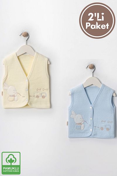 Miniel Baby Boy Rabbit Embroidered Organic Cotton 3-6-9 Months 2-Piece Quilted Baby Vest - Colorful