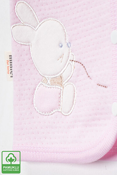 Miniel Baby Girl Rabbit Embroidered Organic Cotton 3-6-9 Months 2-Piece Quilted Baby Vest - Pink