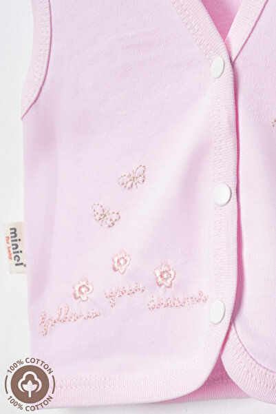 Miniel Baby Girl Teddy Bear Embroidered Organic Cotton 3-6-9 Months 2-Piece Combed Cotton Baby Vest - Pink