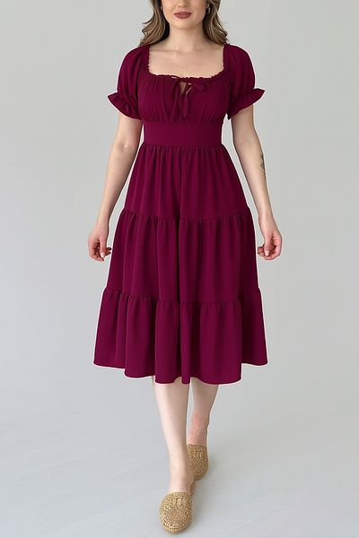 MILANOFOX Plum Square/Madonna Neckline Elastic Linda Ayrobin Midi Dress - Comfortable, Stylish and Casual Summer Model