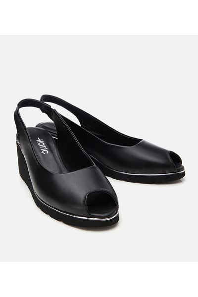 Hotiç Women's Leather Black Buckle Wedge Heeled Sandals