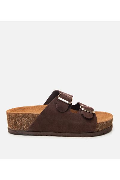 Hotiç Women's Suede Leather Brown Adjustable Flat Slippers