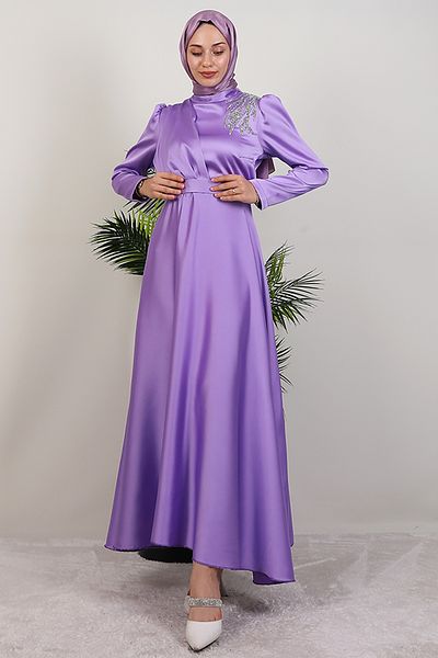 Giza Giyim Rochie de Seara din Satin Stoned Liliac
