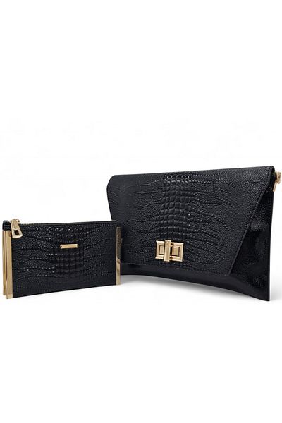 Evident Black Iguana Patterned Women's Clutch & Clutch Bag Set (30 X 20) _ (19 X 11) Cm.