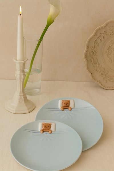 Anadolu Saray 2-Piece Blue 19cm Ceramic Lying Bear Shaped Design Handmade Pastry Plate Dessert Breakfast Pastry Plate