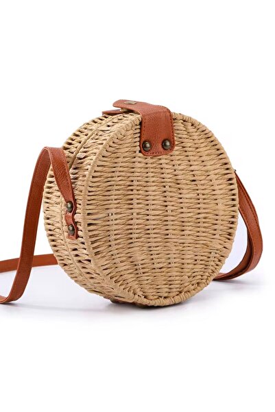 Jasmina yuvarlak deri saplı hasır çanta