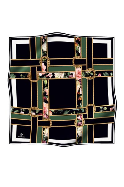 Vissona Benzi de mătase 100% twill cu centură și model floral verde smarald - culoare neagră 90x90 eșarfă cusut