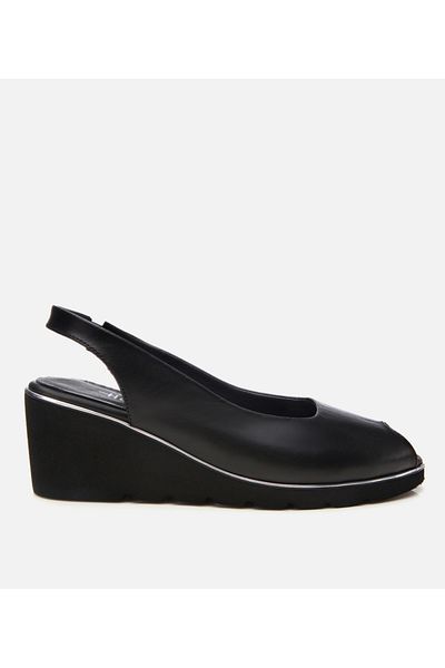 Hotiç Women's Leather Black Buckle Wedge Heeled Sandals
