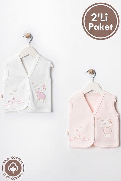 Miniel Baby Girl Teddy Bear Embroidered Organic Cotton 3-6-9 Months 2-Piece Combed Baby Vest - Salmon