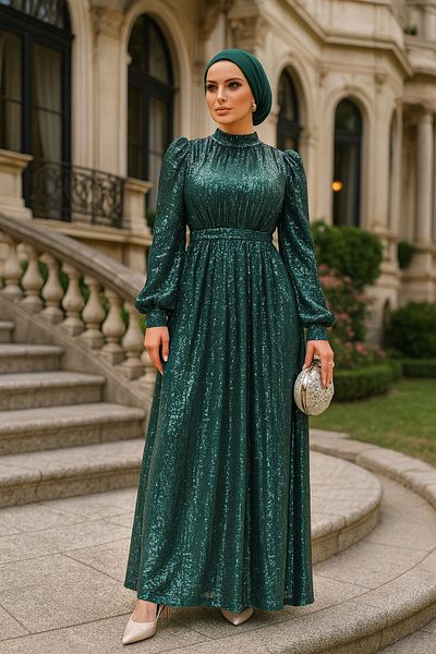 N.S NEVA STYLE Rochie de seară hijab verde smarald cu paiete 44961ZY