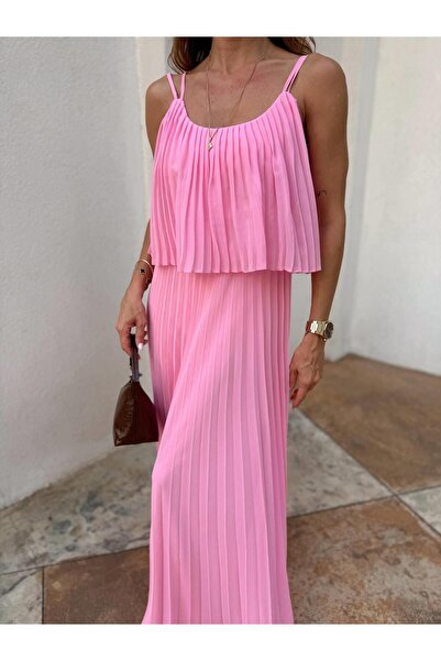 Maldia Shop Kadın Pliseli Şifon Pembe Elbise