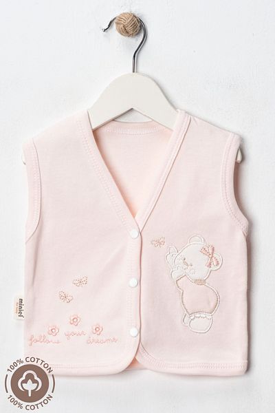 Miniel Baby Girl Teddy Bear Embroidered Organic Cotton 3-6-9 Months 2-Piece Combed Baby Vest - Salmon