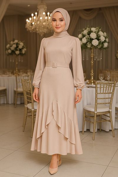 Neva Style Βολάν Μπεζ Φόρεμα Φόρεμα Μουσουλμάνων 4566μπεζ