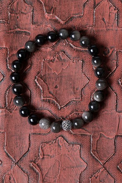 Saff Doğal Taş Certified Obsidian Silver Apparatus Bracelet