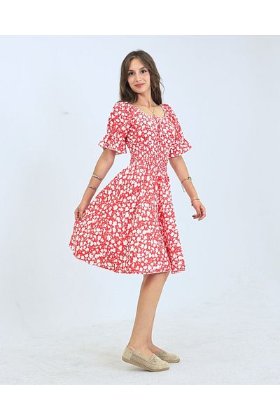 fh fashionhere Gipeli Balloon Sleeve Square Neck Red Off-Shoulder Floral Print Flared Wrap Women's Dress