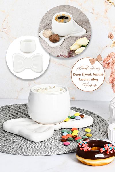 Anadolu Saray Design Mug Cup with Ceramic Cream Bow Plate - Handmade Coffee Cup