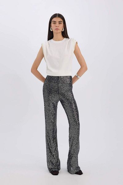 DeFacto Black Stylish Pants Flare Fit High Waist Standard Size Sequined E1773Ax24Cw