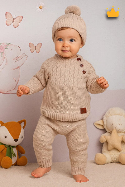 Babyhola Triko Kazak Pantolon Ponpon Şapkalı Kız Erkek Bebek Takım 2791