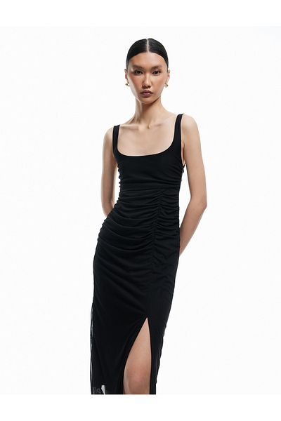 Koton Lined Drape Detail Slim Fit Square Neck Strap Midi Dress