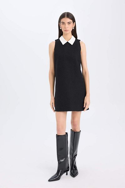 DeFacto Rochie neagră mini fără mâneci din tweed simplu, cu guler de cămașă, D2869AX24AU