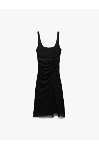 Koton Astarlı Drape Detaylı Slim Fit Kare Yaka Askılı Midi Elbise