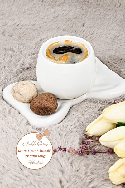 Anadolu Saray El Yapımı Seramik Krem Fiyonk Tabaklı Tasarım Mug Kupa Fincan | Handmade Mug Fincan Kahve Kupası